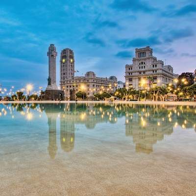 Canary Islands City and coast with reflection in still water